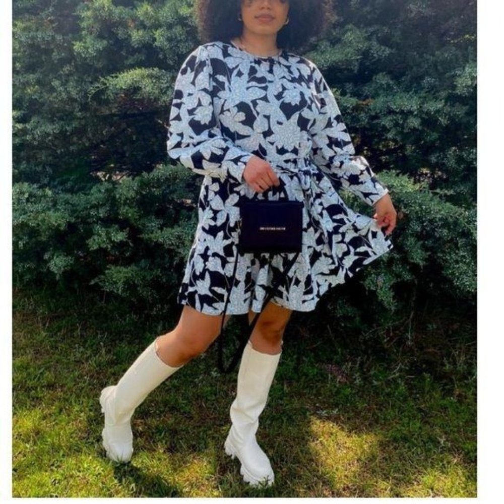 Black Floral Dress Women Mini Long Sleeve Tier NWT